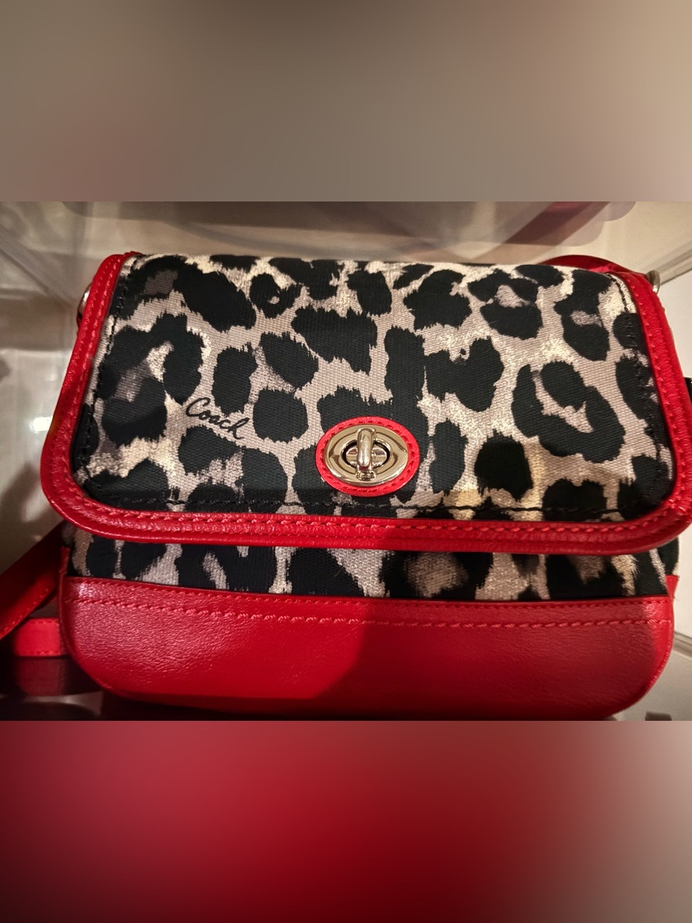 Coach Red Leather Poppy Glam with Leopard Print